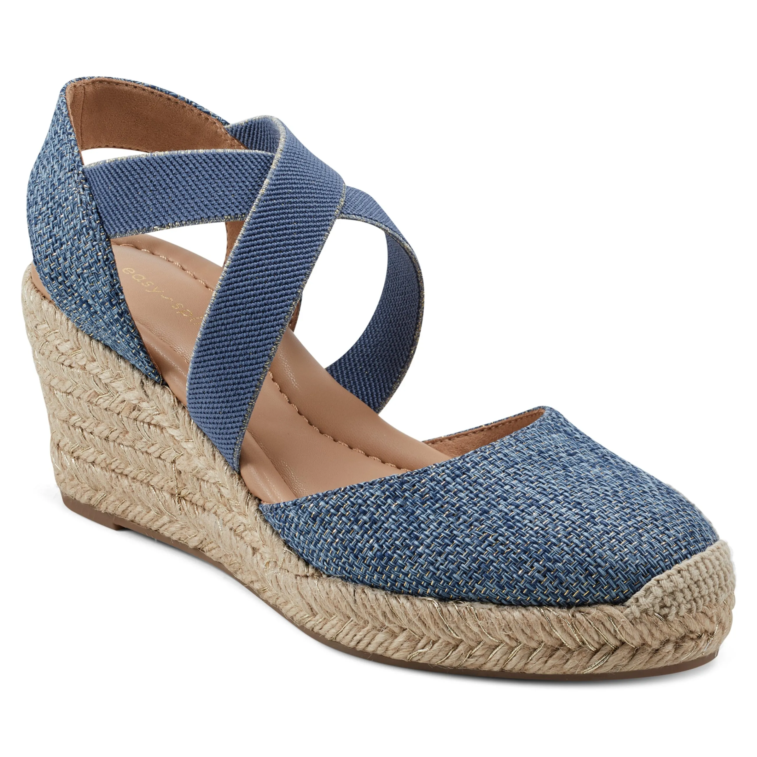 Best Sale Easy Spirit Meza Espadrille Wedge Sandals BlueRaffia